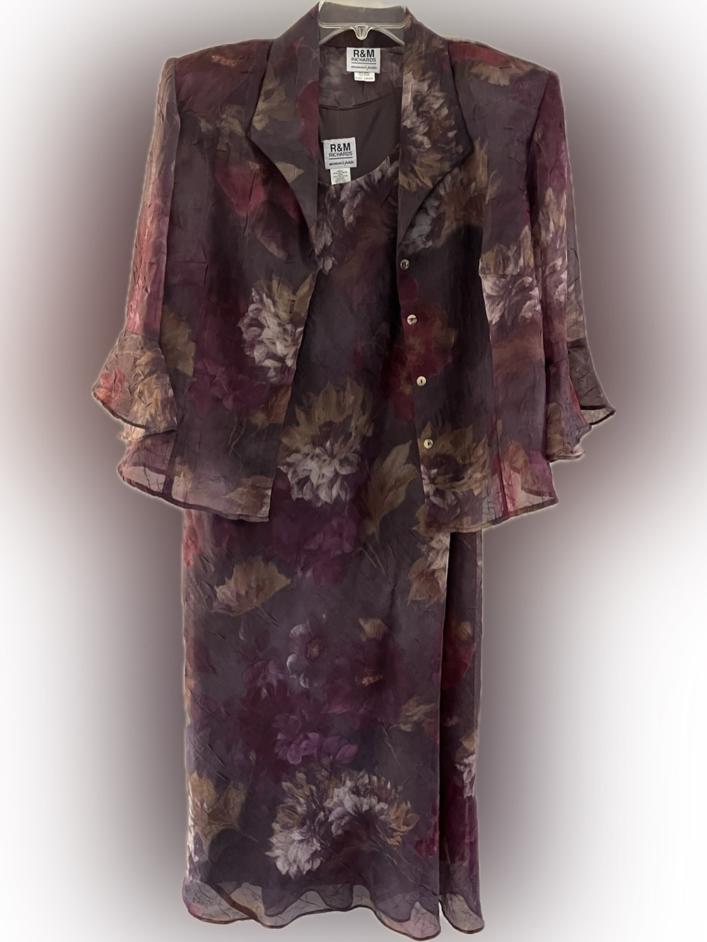 R&M Richards Plum and Burgundy Floral Midi Dress/Jacket Set